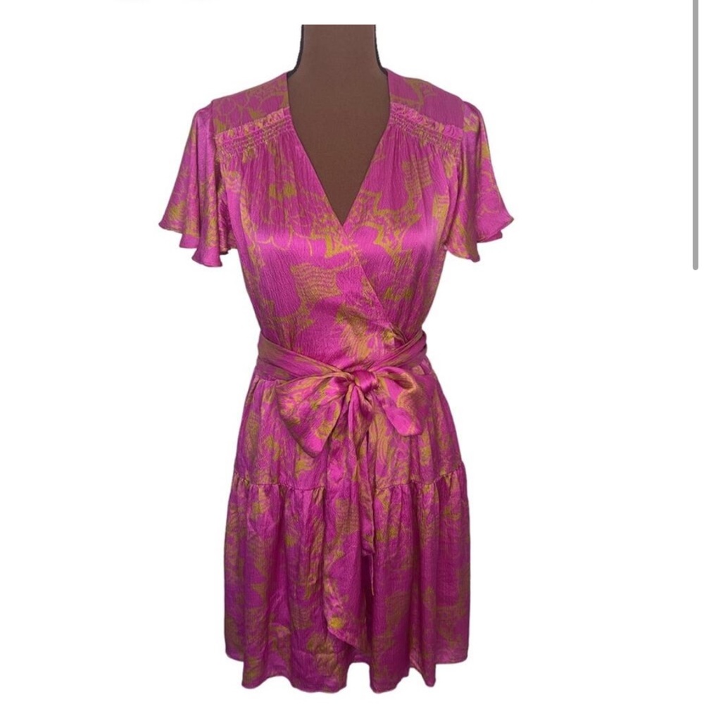 Tanya Taylor Paris Hammered Silk Wrap Dress in Ikat Flower Pink $545 - Picture 3 of 12